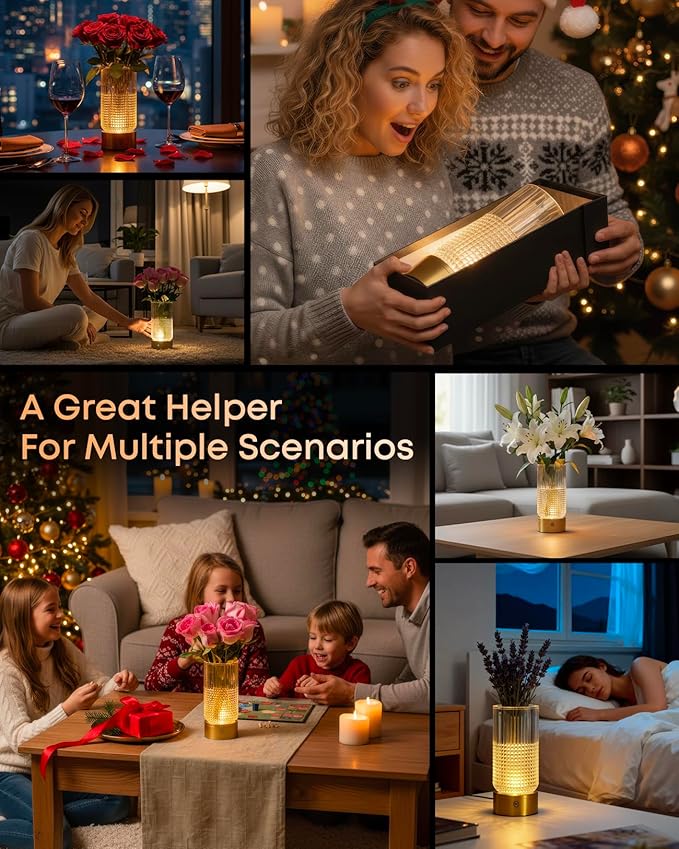 2 in 1 Rechargeable Bedside Lamp & Flower Vase, 3 Color Dimmable Touch Control Cordless Table Lamp, 3600mAh Battery Operated Decorative Lamp for Bedroom Living Room Wedding, Copper Finish