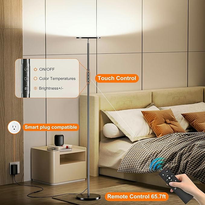 Super Bright Floor Lamp for Living Room, Stepless Dimmable LED Standing Lamp with Remote and Touch Control, 69” Tall Torchiere Corner Lamp for Bedroom Office Hotel, Black