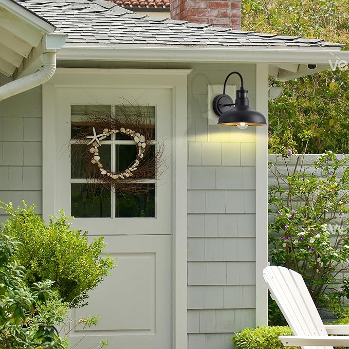 10in. Exterior Barn Style Motion Lights with Wall Mount, Dusk to Dawn Outdoor Motion Sensor Gooseneck Lighting Fixture for Farmhouse, Black Barn Porch Wall Lighting for Garage and House