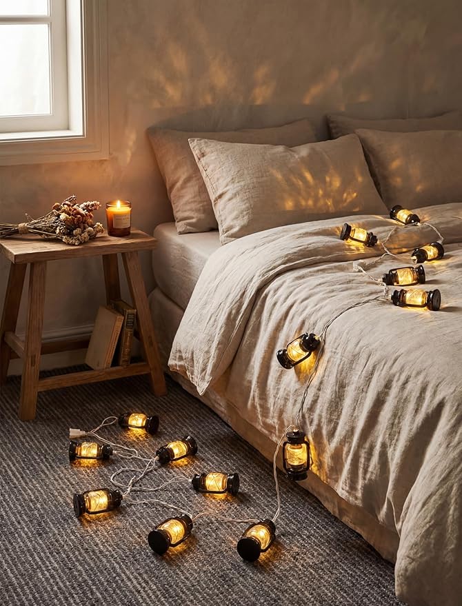8.5Ft Black Mini Kerosene String Lights, Vintage Fairy Decorative Lights with 10 Mini Black Kerosene Lights, Connectable Outdoor Lantern Christmas Light for Bedroom Camping Wedding Garden Holiday