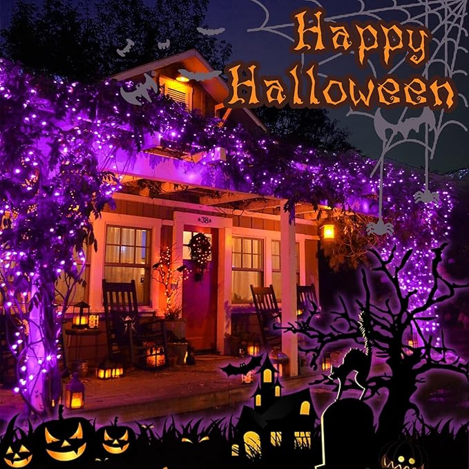 Halloween Purple String Lights Outdoor 33Ft 100LED Battery Operated Fairy Lights with Waterproof Remote Timer String Lights for Hanging Garden Party Holiday Halloween Décor