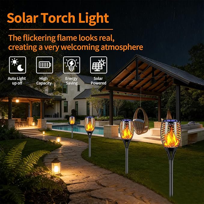 solar outdoor lights, 6Pack Solar Torch Light with Flickering Flame, Garden Lights Waterproof for Halloween Decor, Tiki Torches for Outside, Luces Solares para Exteriores Pathway Yard Garden Decor.