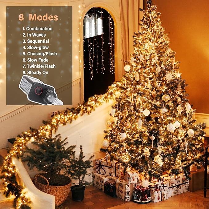 Upgraded 105FT 300 LED Fairy Lights Plug in Outdoor/Indoor, Timer & Remote & 8 Modes, Silver Wire Christmas String Lights, Waterproof Twinkle Lights for Xmas Tree Holiday Party Garden