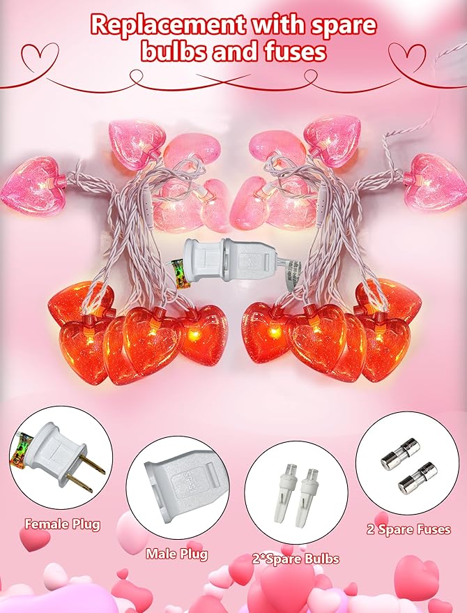 Heart String Lights Plug in, 8.5FT Valentine Lights Indoor & Outdoor, Red Pink Heart Shaped String Lights with 14 LEDs, UL Listed, IP44 Waterproof for Valentine’s Day Decor