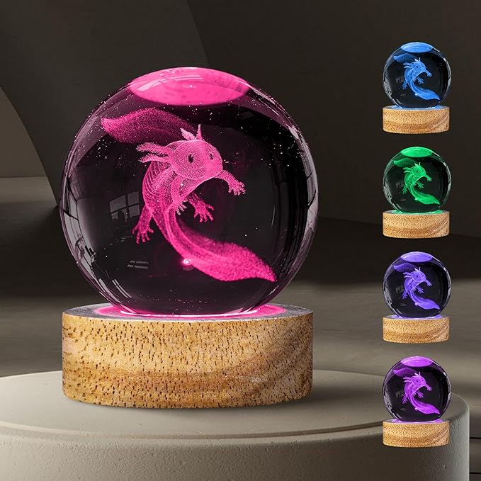3D Crystal Ball Night Light with 16 Colors - Unique 60mm Axolotl Figurine Glass Ball Lamp with Remote - Cool Axolotl Toy, Room, Desk Decor - Birthday & Christmas Gifts for Boys, Girls, Kids & Friends