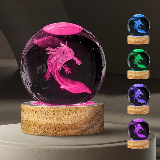 3D Crystal Ball Night Light with 16 Colors - Unique 60mm Axolotl Figurine Glass Ball Lamp with Remote - Cool Axolotl Toy, Room, Desk Decor - Birthday & Christmas Gifts for Boys, Girls, Kids & Friends