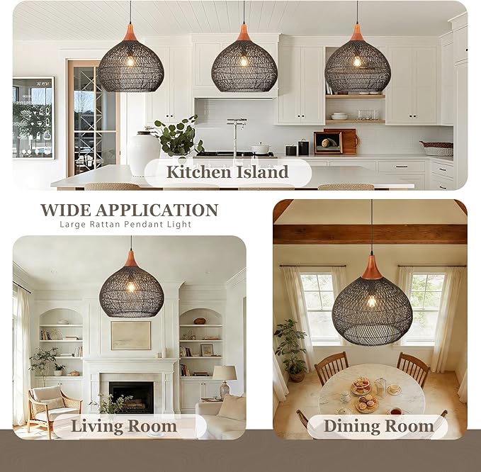 Large Black Rattan Pendant Light, 20" Rattan Chandelier Hand-Woven Wicker Pendant Light Fixtures with Solid Wood, Basket Hanging Lighting for Dining Room Kitchen Island Living Room