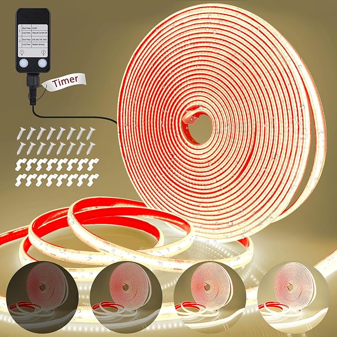 OMIKA 33FT COB Plug in LED Light Strip Outdoor Waterproof, 4000K Natural White 3200 LED Rope Light PVC Casing Tape Light Flexible with Self-Adhesive Timer Dimmable for House Garden Camping DIY