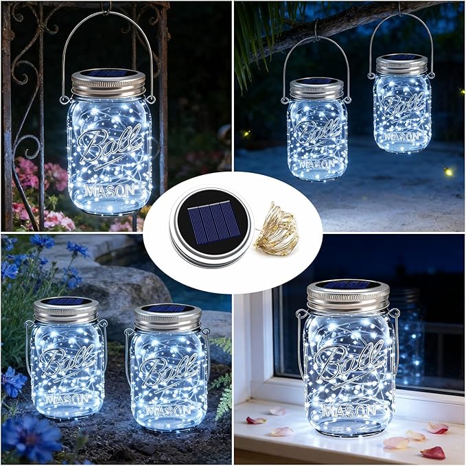 VOOKRY 6 Pack Solar Mason Jar Lights, 30 LED Mason Jar Lids Waterproof Firefly Fairy String Lights with 6 Hangers(No Jars), for Outdoor Patio Garden Yard Lawn Party Wedding Decoration - Cool White