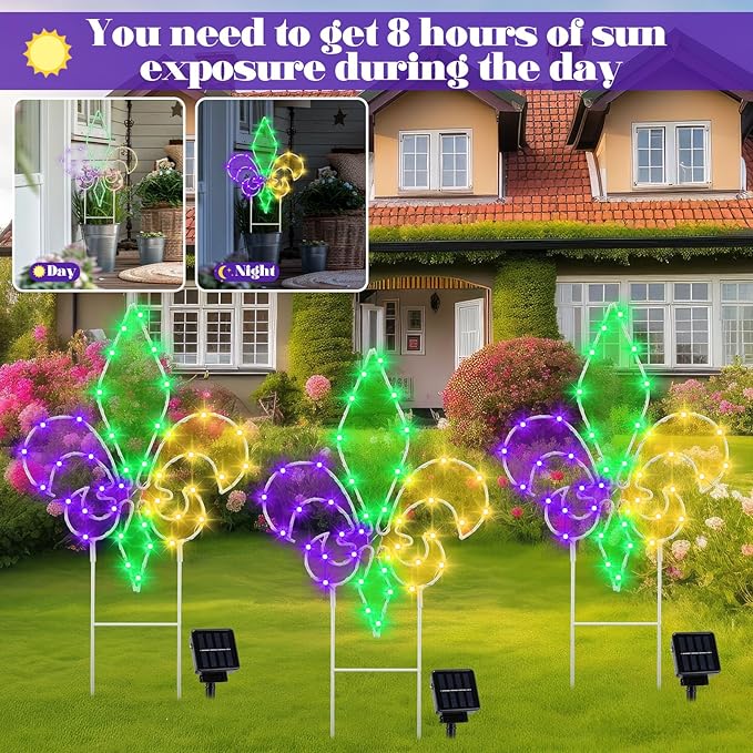 Retisee 3 Pack Mardi Gras Solar Outdoor Lights- Purple Green Gold Yard Stakes Lights, Fleur De Lis Metal Wire Decorative Solar Lamps,for Patio Lawn Yard Pathway Party Outdoor Decor, 6–8 Hour Runtime