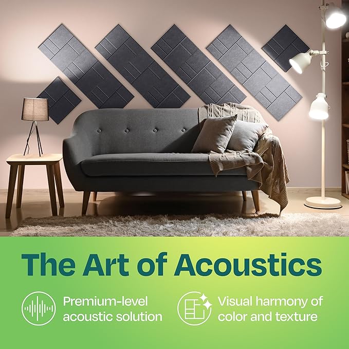 Acoustic Panels 12-Pack Soundproof Wall Panels 12"x12"x0.4" Decorative Sound Dampening for Your Home, Office, Studio, Bedroom & More with Unique GridFrame Carving [Pebble Gray]