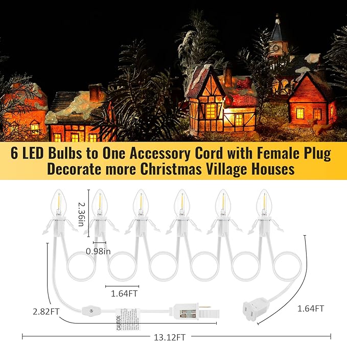 2 Pack Accessory Cord with 6 LED Light Bulb and Female Plug, 13.12ft C7 Lamp Village Cord with Fuse Wire, UL-588 Blow Mold Light for Halloween Pumpkin Christmas Village House Craft Decor