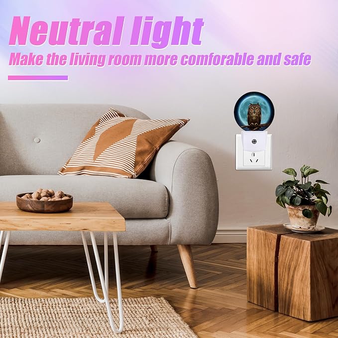 Owl Moon Night Light LED Lamp Round Plug into Wall Nightlight with Dusk to Dawn Sensor Home Hallway Stairway Kitchen Decor