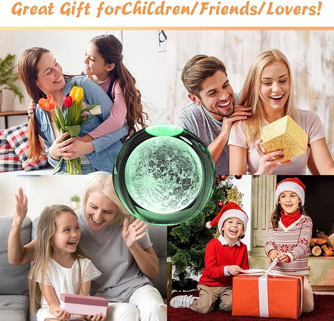 3D Solar System Crystal Ball Moon Night Light,3.15 inch 7 Color Changing for Bedroom Decor Lamp,Christmas BirthdayGifts for Kids,Boys,Girls,Teens