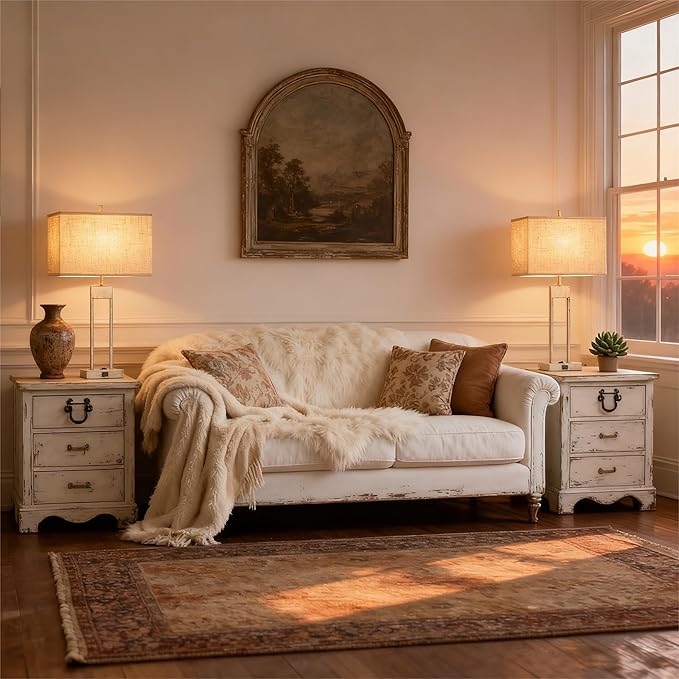 GyroVu 25.5" Nightstand Table Lamps for Bedrooms Set of 2, Bedside Lamp with USB C+A, 3 Colors Changeable Living Room Lamp, Modern Night Stand Lamps for Bed Side Guest Room Reading, Antique White