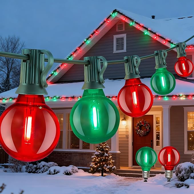 Abeja 50FT Multicolor Christma Lights Outdoor, 50Ft Outdoor Red/Green Christmas Lights with 25 LED Colorful Bulbs(2 Spare), Outside Christmas Hanging for Tree Roofline Holiday Party