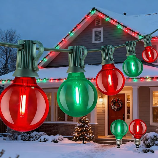 Abeja 50FT Multicolor Christma Lights Outdoor, 50Ft Outdoor Red/Green Christmas Lights with 25 LED Colorful Bulbs(2 Spare), Outside Christmas Hanging for Tree Roofline Holiday Party