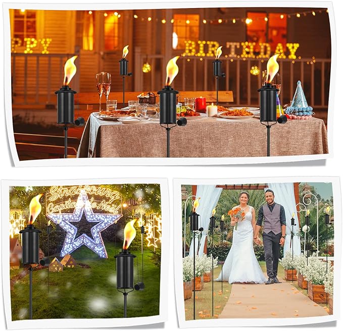 6 Pack Garden Torches, 16 oz Metal Torch for Outside with 3-Prong Grounded Stake, Outdoor Decorative Citronella Torches, 59 inch Garden Décor Torches