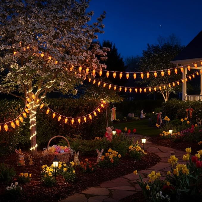 WILLBOND 2 Pack Easter Carrot Lights String 14.5ft 20-Count Orange Carrot Shaped Bunny Fairy Lights Battery Operated with 2AA Battery Box for Indoor Outdoor Easter Spring Party Decor
