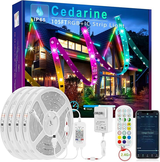 105FT Continuous RGB+IC Outdoor Led Strip Lights Waterproof with RF Remote & Bluetooth Music Sync App Control, Long Color Changing LED Rope Lights,IP67,24V (RGB+IC, 105FT)