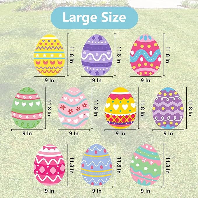 Large Easter Yard Signs 10pcs with Stakes Colorful Eggs Decorations Outdoor Holiday Welcome Signs for Happy Easter Themed Festival Party Supplies, Lawn, Garden Yard Decor
