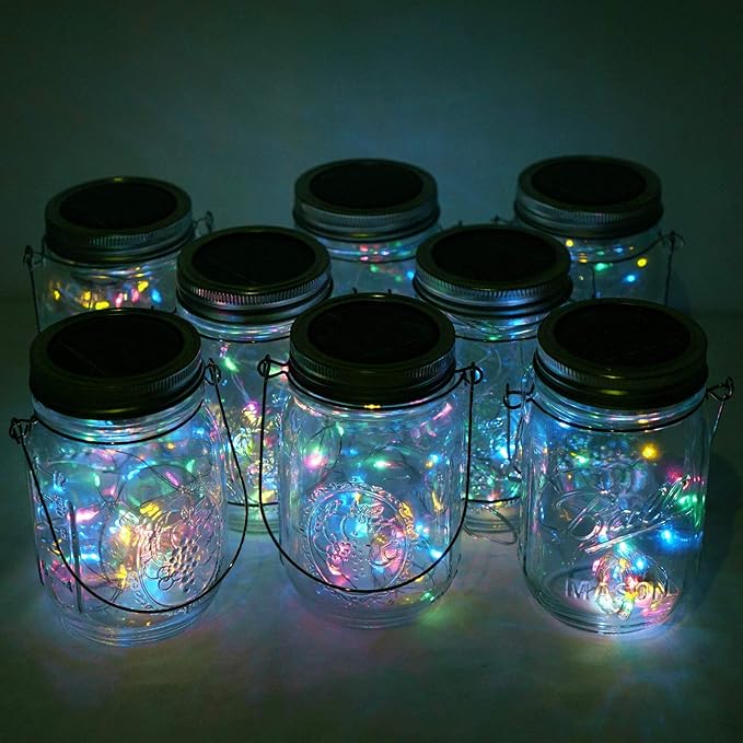 Solar Mason Jar Lid Lights, 8 Pack 20 LED Waterproof Fairy Star Firefly String Lights with (8 Hangers Included,Jars Not Included), for Mason Jar Table Garden Wedding Party Decor (4 Colors)