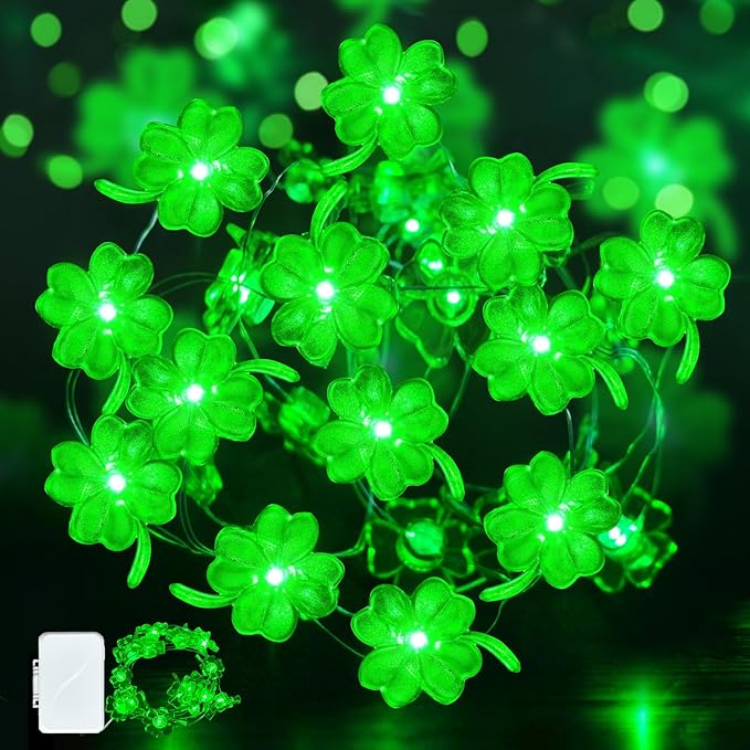 ZGWJ St Patricks Day Decorations Shamrocks String Lights Battery Operated, 1 Pack 50LED 16FT Waterproof Fairy Lights Lucky Clover Green for Bedroom,Party,St Patricks Day Decor