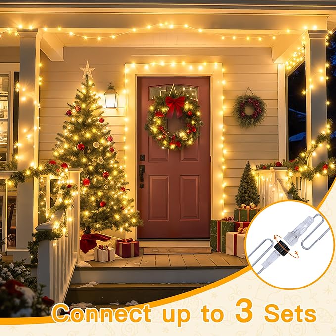 Ollny Christmas Lights 200LED 60FT Indoor, Warm White Connectable Plug in String Light Outdoor, 8 Modes Waterproof Timer LED Fairy Lights for House Outside Bedroom Patio Balcony