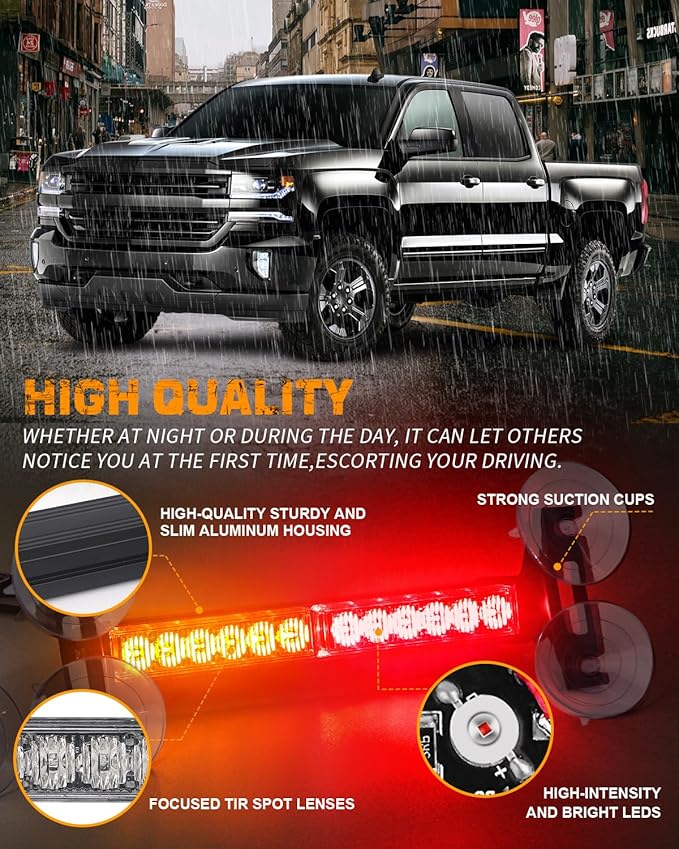 XRIDONSEN 2x 10.7 inch Amber Red Emergency Lights 24 LED Warning Flashing Safety Dash Side Window Front/Rear Windshield Strobe Lights Traffic Advisor Bar for Tow/Plow Trucks Construction Vehicles