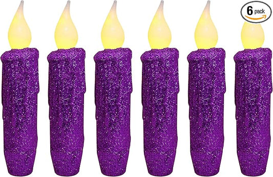CVHOMEDECO. Glitter Flameless Candles Flickering Battery Operated LED Taper Candles with Timer for Home, Wedding, Halloween, Christmas Decor. Purple, 4-3/4 Inch, Set of 6
