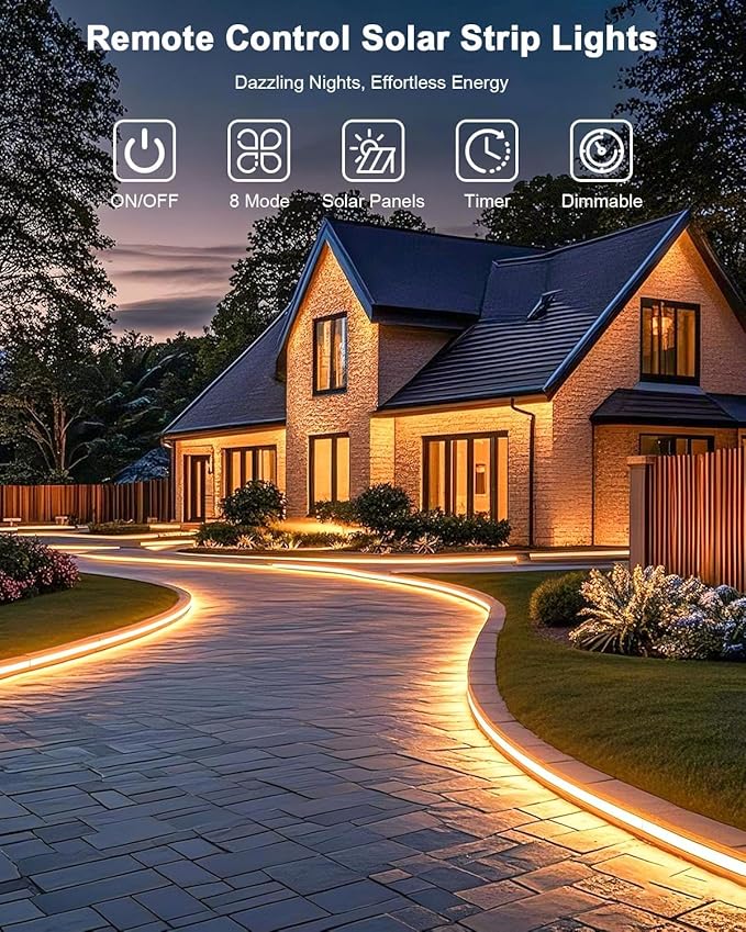60ft Total (3x20ft) - 3 Pack Solar Light Strip Outdoor Waterproof, 8 Mode with Remote Timer and Auto On/Off, Self-Adhesive, Perfect for Yard, Garden, Porch and Sidewalk Decor, Warm White