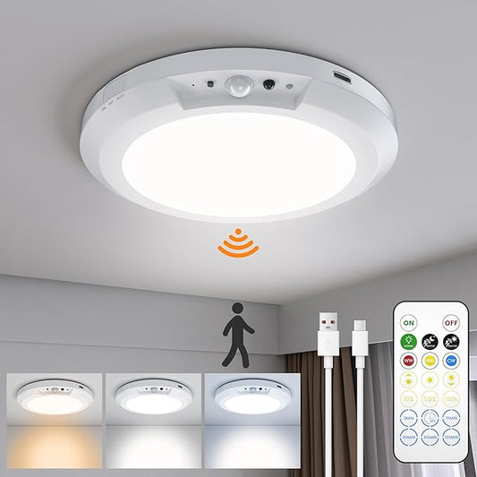 Motion Sensor Ceiling Light,Cordless Closet Light Battery Operated,3 Color Temperatures,Remote Control,Rechargeable Magnetic Mount LED Shower Lights for pantry,Stairs,Garage,Hallway (White 1 pack)