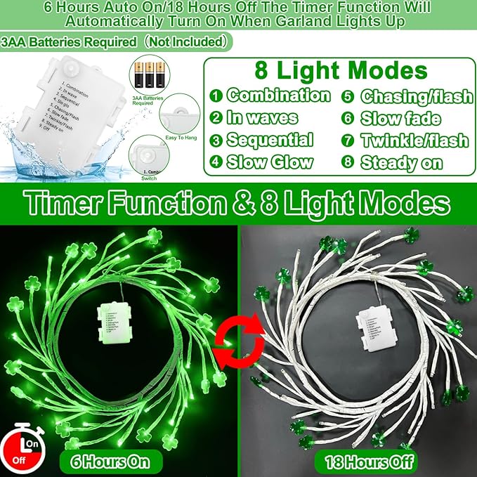 [Timer & 8 Modes] 6 Ft 48 LED St Patricks Day Garland, St Patricks Day Decorations St Patricks Garland with Shamrock Lights St Patricks Day Lights St Patricks Day Decor for Home Table Mantle Porch