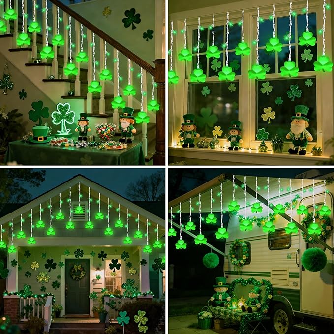 25 LED Green Shamrock Icicle Lights, 6.75FT St. Patricks Day Lights Curtain String Lights with 10 Shamrock & 25 LED Light for Lucky Clover St Patrick's Decorations Indoor Home Window Proch Party Decor