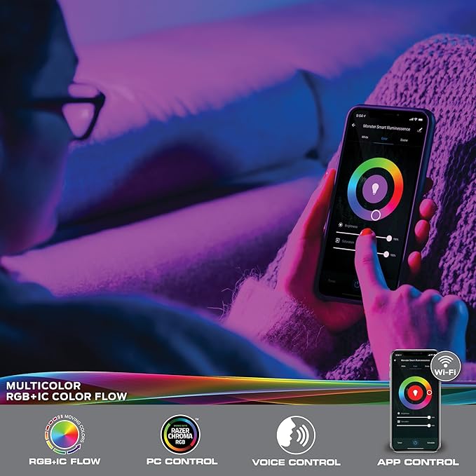 Monster Smart 25 Foot RGB+IC LED Strip Lights, Sound Reactive Strip Lights for Bedroom, App & Voice Control, RGB Light Strip for Room, Alexa Google Home, Razer Chroma Sync, 225 RGB+IC LED Lights