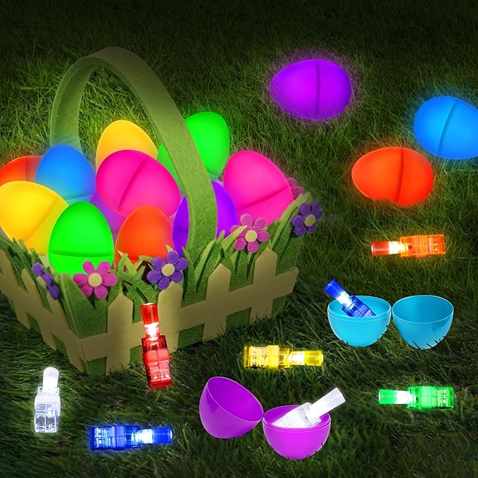 24Pcs Pre filled Easter Eggs with Egg Fillers Finger Lights, Easter Basket Stuffers for Teens Toddler Boys Girls Plastic Easte r Eggs Filled Toys for Kids Party Favors Gifts Glow In The Dark Egg Hunt