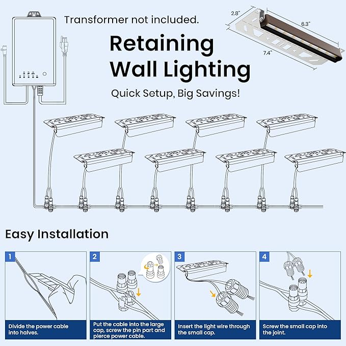 Retaining Wall Lights, 7 Inch LED Hardscape Lighting Waterproof, 12V Low Voltage Landscape Lighting, Outdoor Step Lights for Patio Stairs Deck 2700K, 270° Rotate, 16 Pack