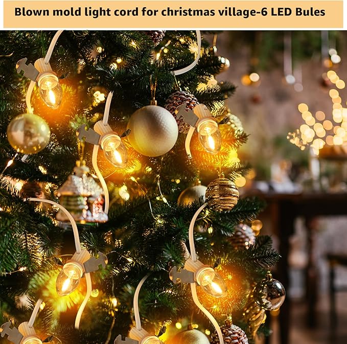 Christmas Village Lights, C7 Blow Molded Light Cord with 6 LED Bulb.9.8Feet Suitable for Christmas Village Houses, Halloween Holiday，Holiday Lighting - Warm Light
