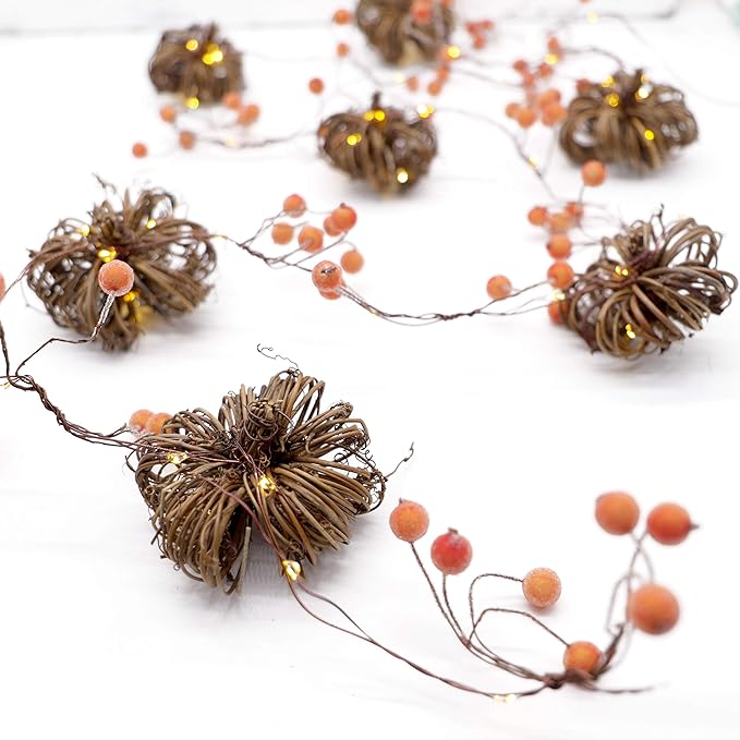 Nature Rattan Pumpkin Lights - 10FT 30 LED Cozy Fall Garland with Lights Battery Operated Charming Thanksgiving Decorations with Remote - Ideal Thanksgiving Garland Fall Decorations for Home