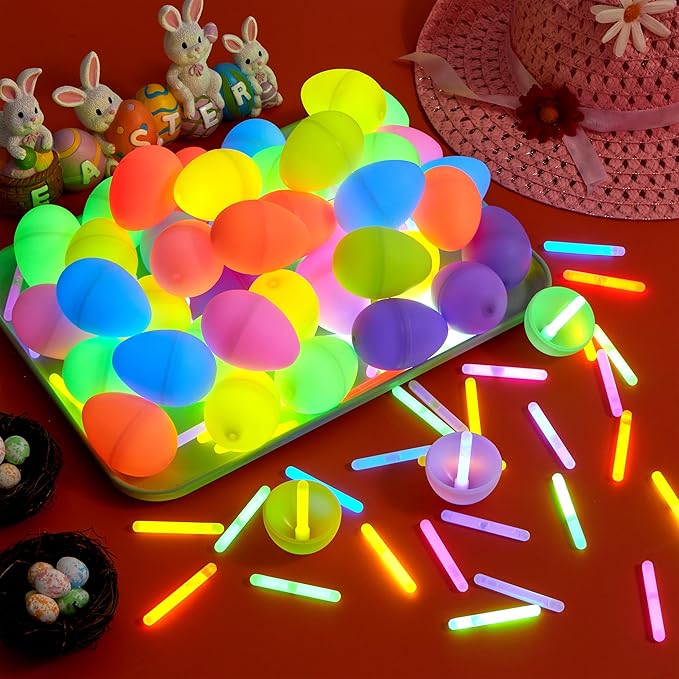 JOYIN 35 Pcs Easter Eggs with 35 Mini Glow Sticks for Kids Glow-In-The-Dark Basket Stuffers Fillers Gift, Easter Egg Hunt Game Party Favors Decorations Supplies, Classroom Prizes