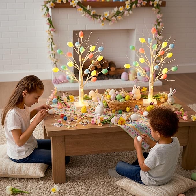 PEIDUO Easter Decorations, 2 Pcs Lighted Easter Tree with 36 Eggs, Battery Powered Birch Tree with Timer for Spring Decoration Indoor Decor (22inch /24 LEDs