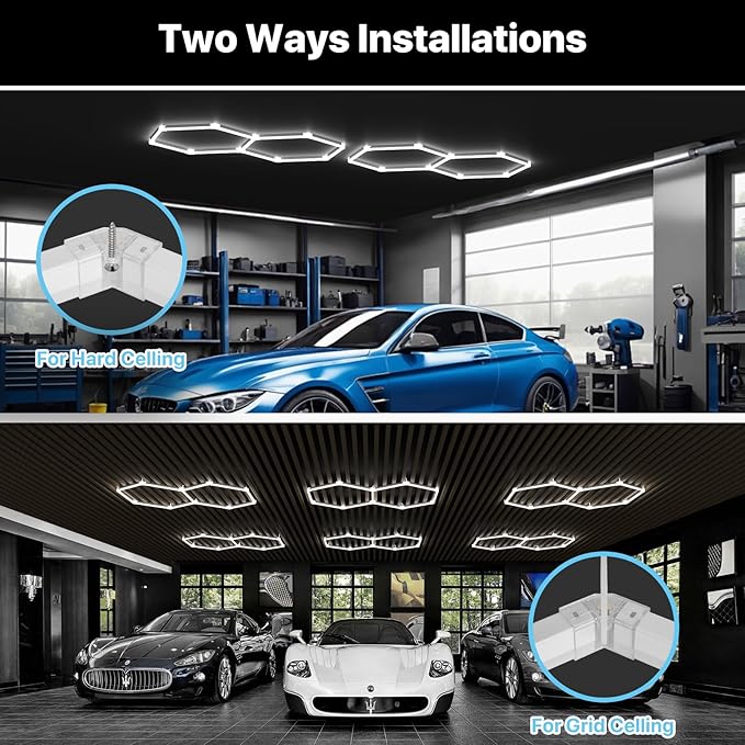 HYPERLITE Gen 2 Hexagon Garage Lights: 77W 7700LM 2 Grids DIY Hexagon Led Light, 6500K Ultra Bright Honeycomb Hex Lights, Easy Install, Durable Design for Garage, Shop, Basement, Barber, Homegym