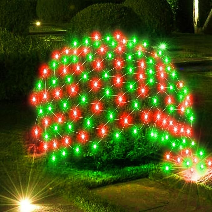 198 LED 9.8 FT*6.6 FT Net Lights Plug in, 8 Lighting Modes Mesh Light Connectable, Waterproof Christmas Net Lights Outdoor for Bushes, Wedding, Holiday, Garden, Xmas Tree Decorations(Red and Green)