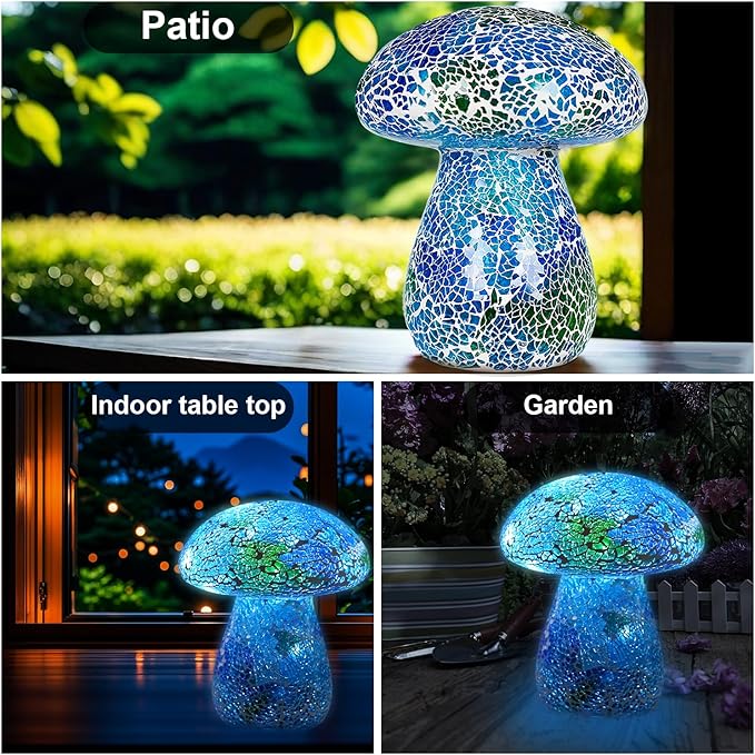 Mosaic Mushroom Garden Lights - Table Lamp Outdoor Decor Waterproof Night Light Lawn Decor Statue for Patio, Party, Yard (Blue)