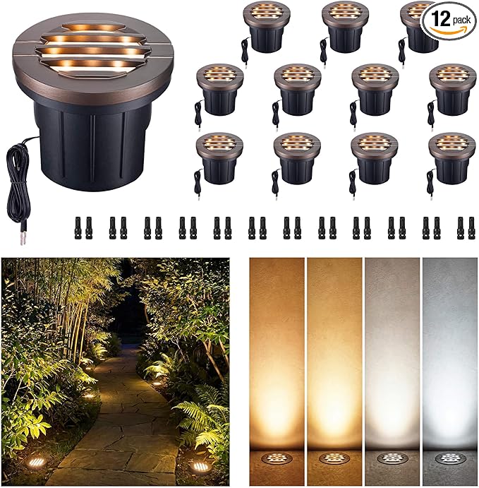 Well Lights Low Voltage, 4 Inch 12V In Ground LED Landscape Lights, IP67 Waterproof Outdoor, Louvered Top Aluminum ORB for Garden Driveway 6W 350LM 12 Pack, Color Temp Random: 3000K or 5CCT
