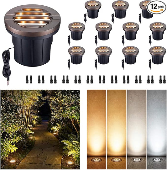 Well Lights Low Voltage, 4 Inch 12V In Ground LED Landscape Lights, IP67 Waterproof Outdoor, Louvered Top Aluminum ORB for Garden Driveway 6W 350LM 12 Pack, Color Temp Random: 3000K or 5CCT