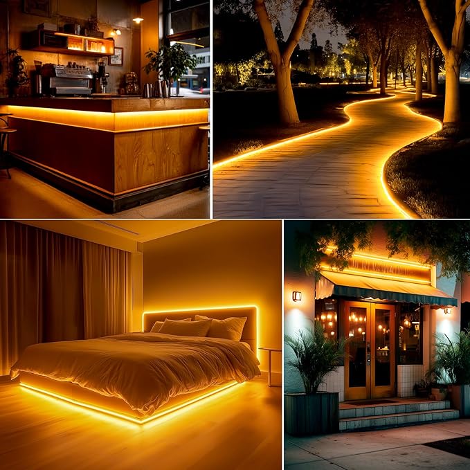GZBtech Flexible LED Neon Rope Lights 66FT,AC 110-120V Waterproof Strip Light, 120 LEDs/M Cuttable Connectable Neon Lighting for Indoor Outdoor Home Decor/Commercial Building Use-Amber 20M, ETL Listed