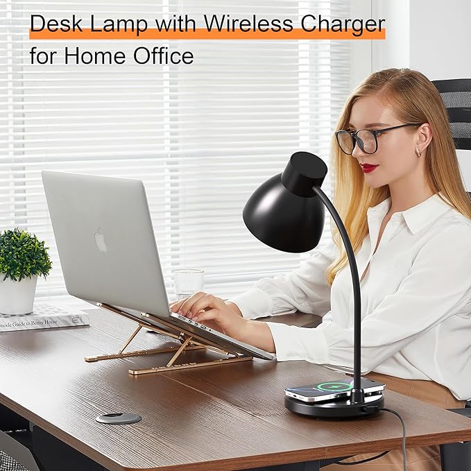 Desk Lamps for Home Office - LED Desk Lamp with Wireless Charger, 3 Color Modes Dimmable Eye-Caring Study Reading Desk Light, Small Flexible Arm Table Lamp for College Dorm Room Bedside, Black