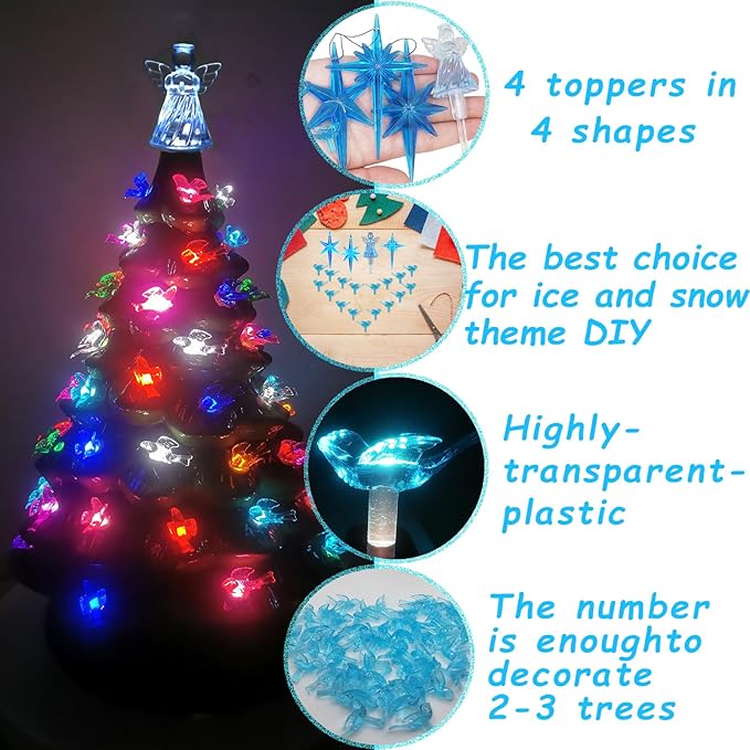 117Pcs Ceramic Christmas Tree AquaBlue Robin Bird Replacement Lights Bulbs and 1 Angel/3Stars Topper Ornament for Ceramic Tree Décor - Medium Plastic Pegs.