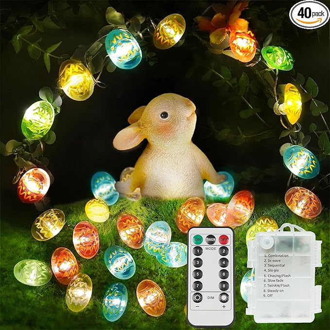 suddus Easter Eggs Decor Lights,12.8ft 40LED Multi Color Small Fairy Lights with Remote, Easter Lights String Battery Operated for Table Indoor Home Wreaths Mantels Outdoor Tree Garden Decoration